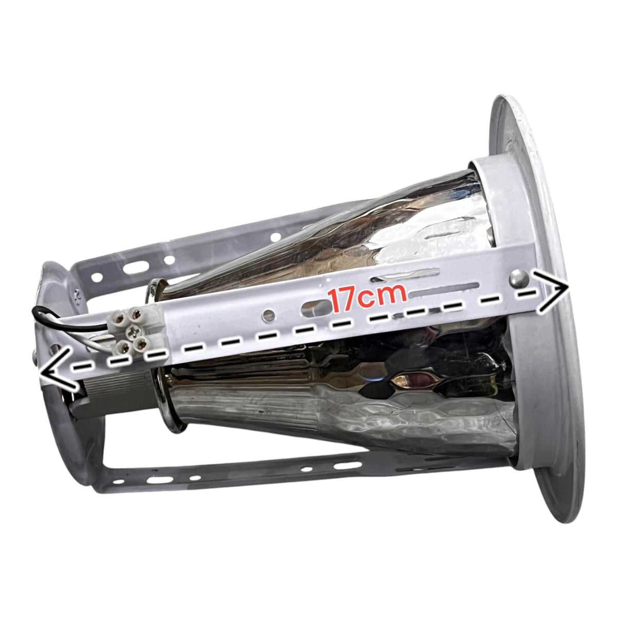 Metallic object with a scale label on a white background