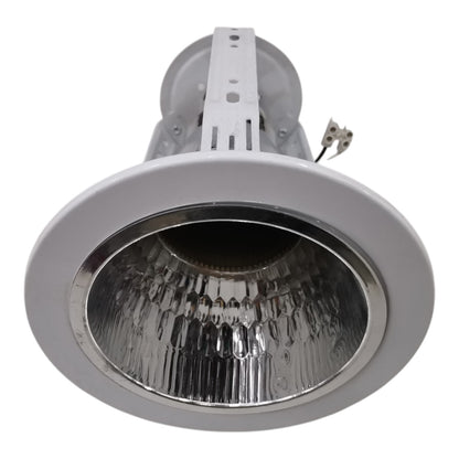 Recessed ceiling light with silver metal housing on a white background