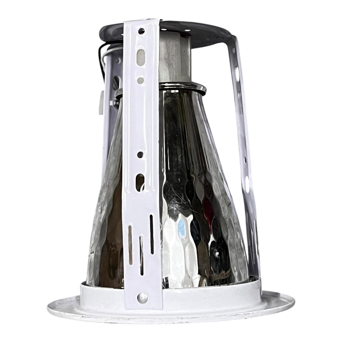 Clear coffee filter with black mesh on a white background