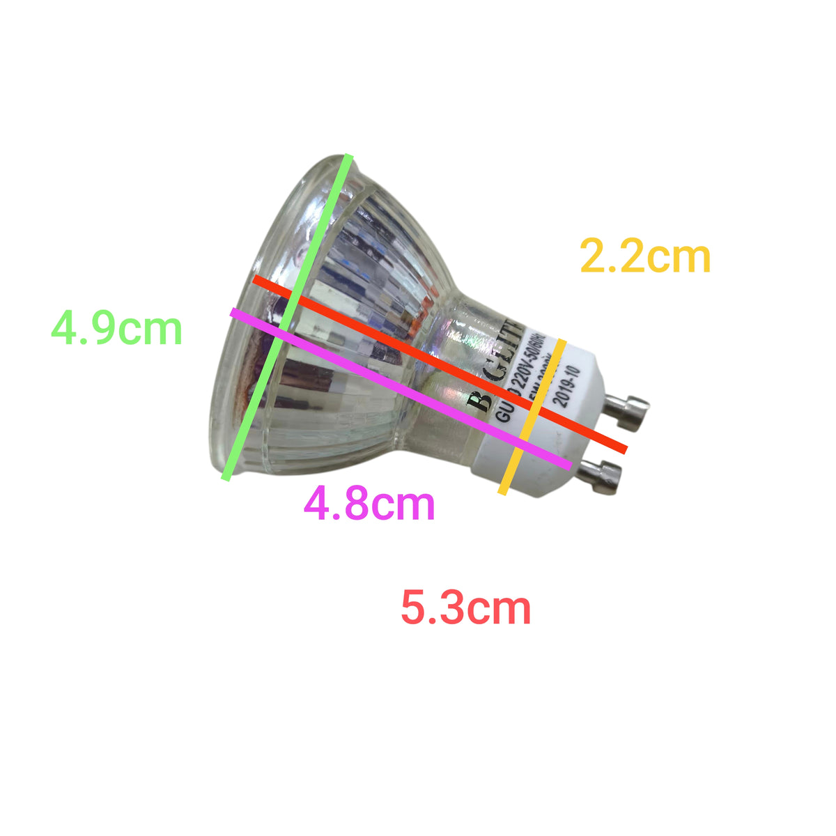 Biglite 5W GU10 LED bulb warm white spotlight with GU10 base and measurements displayed