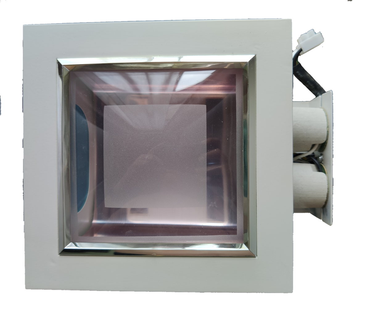 Biglite Glass Cover Downlight Fixture white square recessed light with chrome trim and pink tinted glass cover