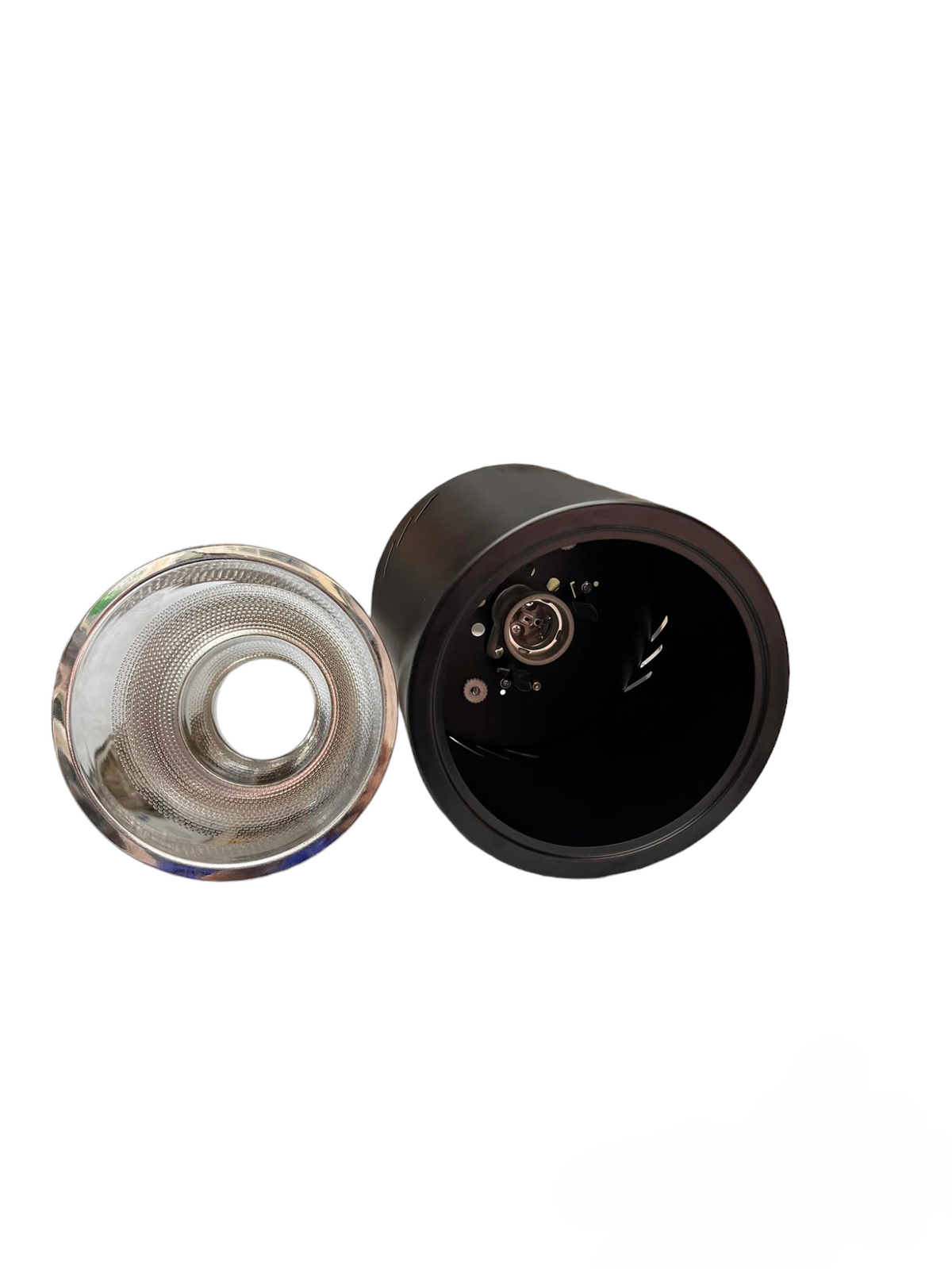 Biglite 6 inch surface mount downlight with black cylindrical housing and clear reflector component