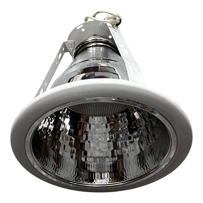 Metallic industrial light fixture on a white background
