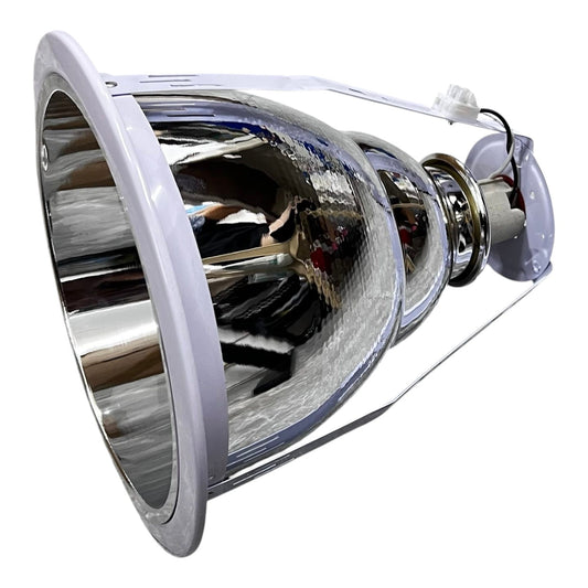 Metallic light bulb reflector on a white background