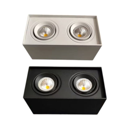 Two rectangular recessed light fixtures shown on a white background, one in silver and one in black, each with two round LED-COBE light heads.