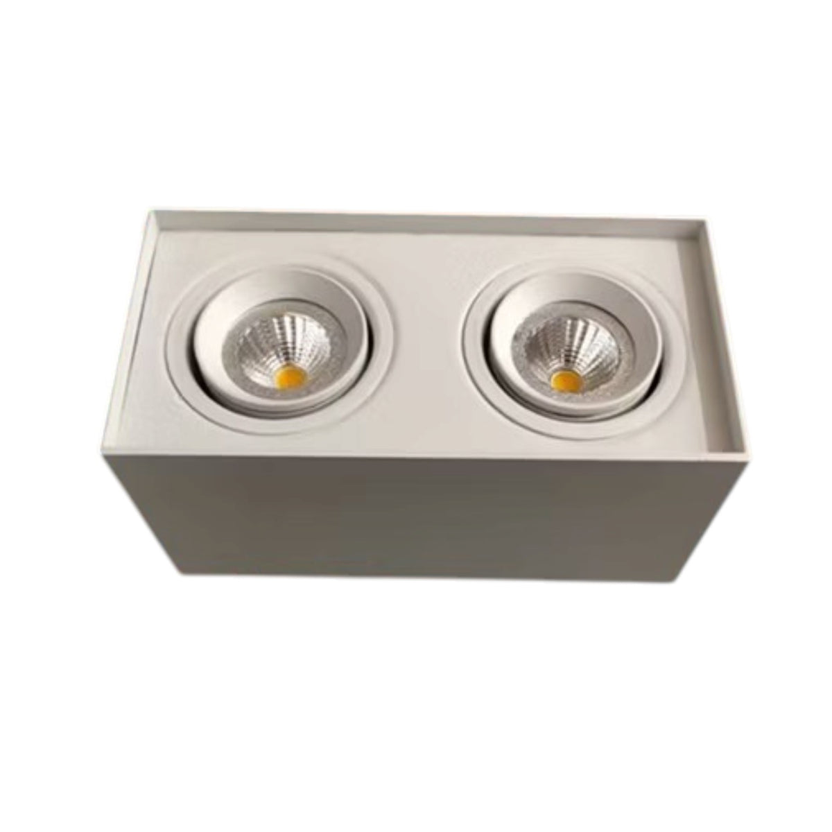 A rectangular recessed light fixture with two circular LED spotlight heads, shown from a top-down angle on a plain white background.