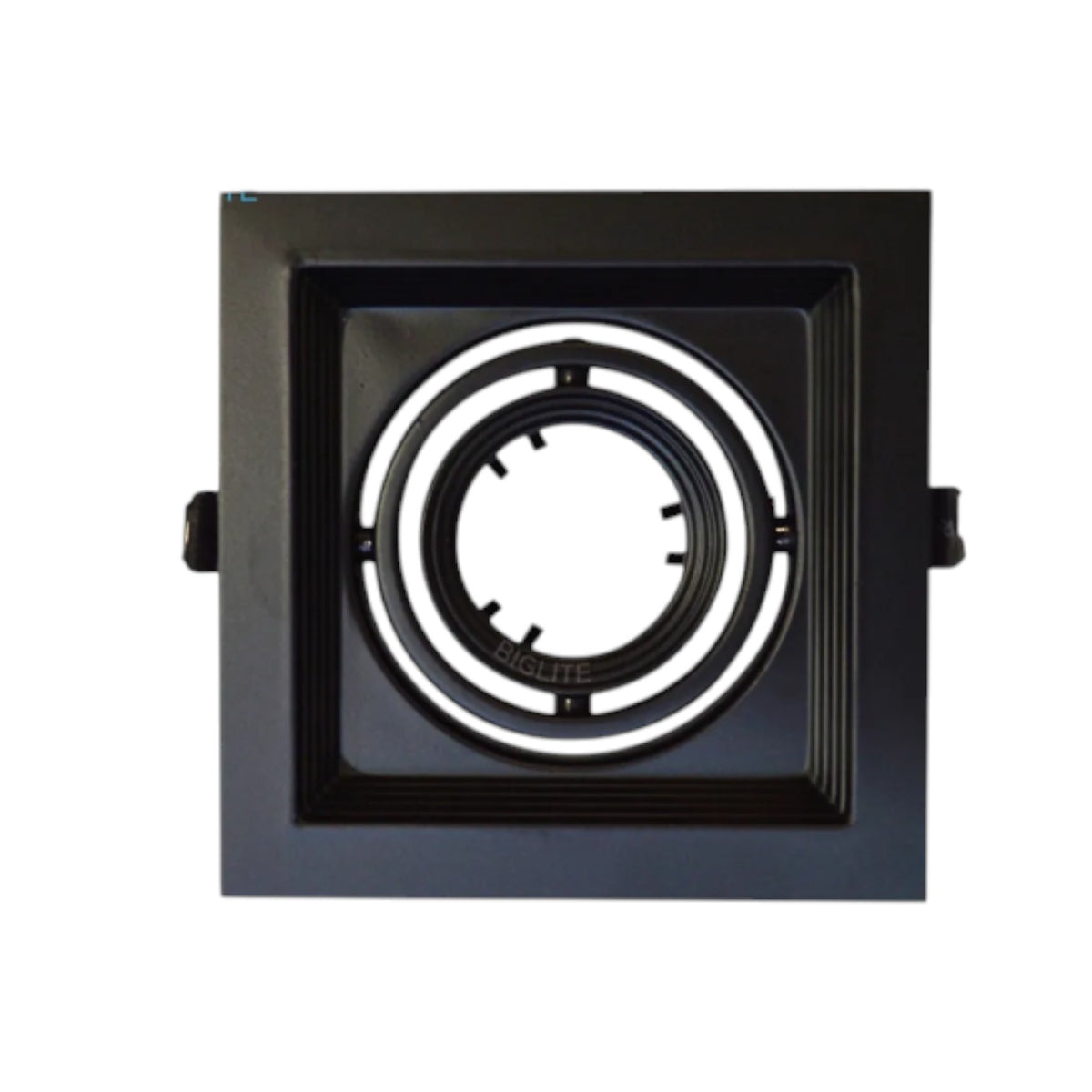 A square black recessed light fixture with a circular ring design in the center, shown against a plain white background.