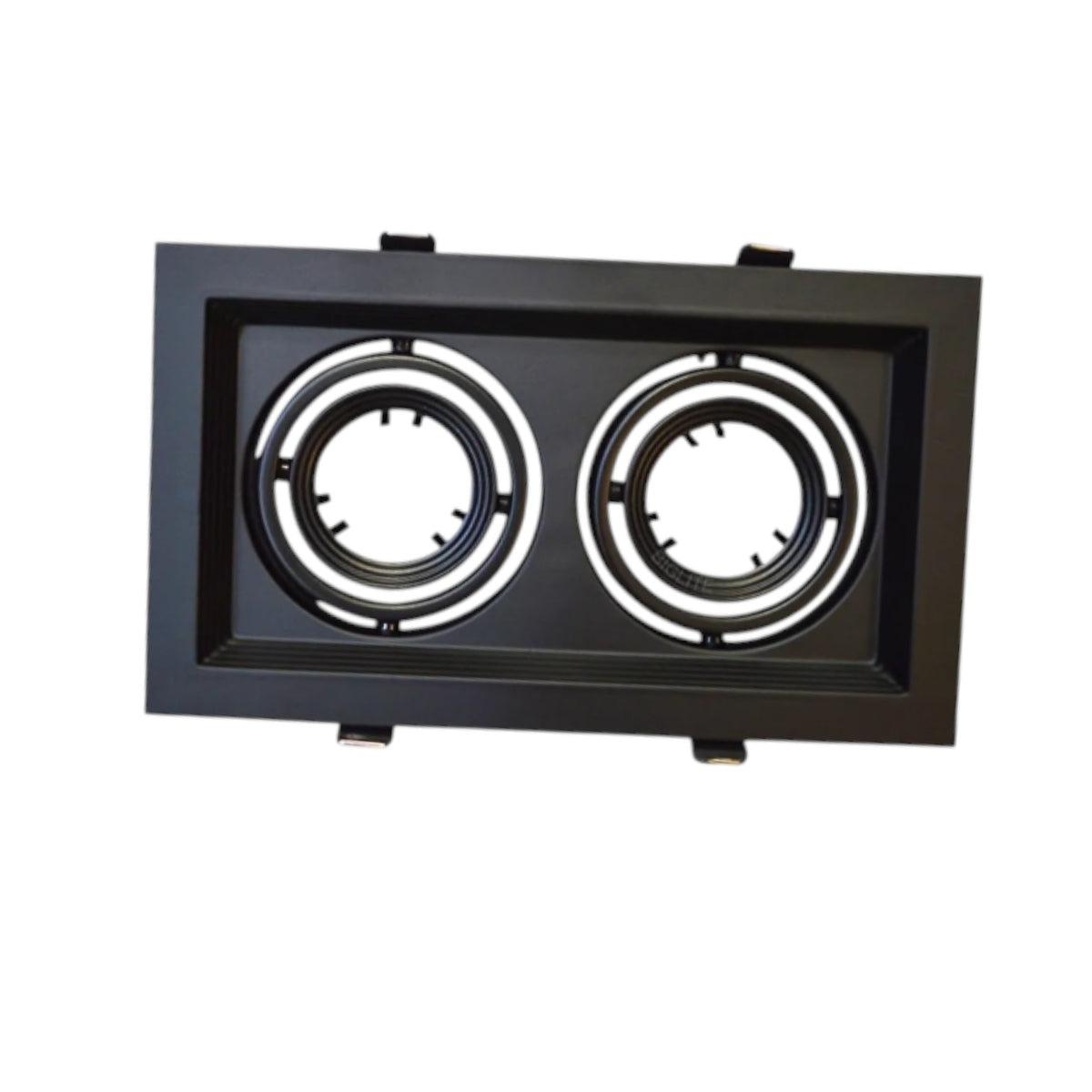 A black rectangular dual-light recessed ceiling fixture with two circular light housings, shown against a plain white background.