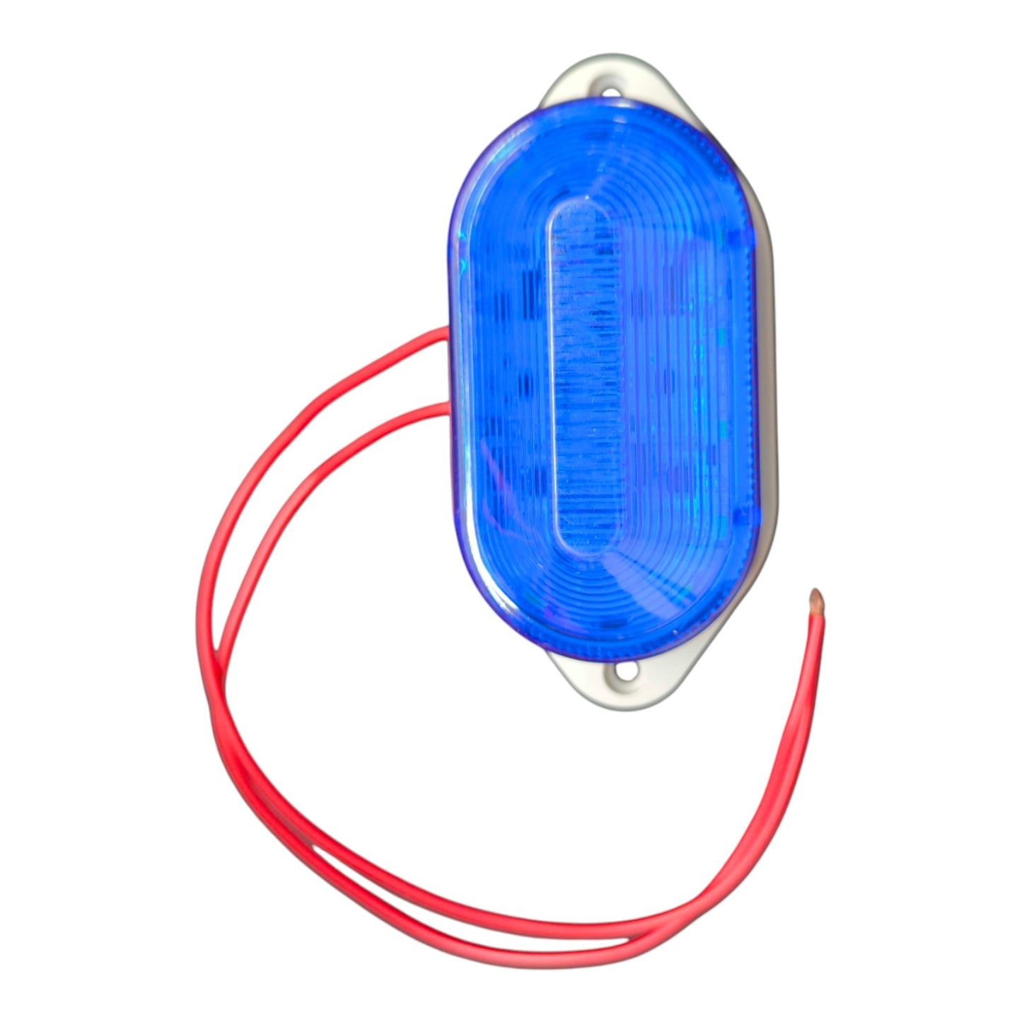 Blue LED light with red wire on a white background