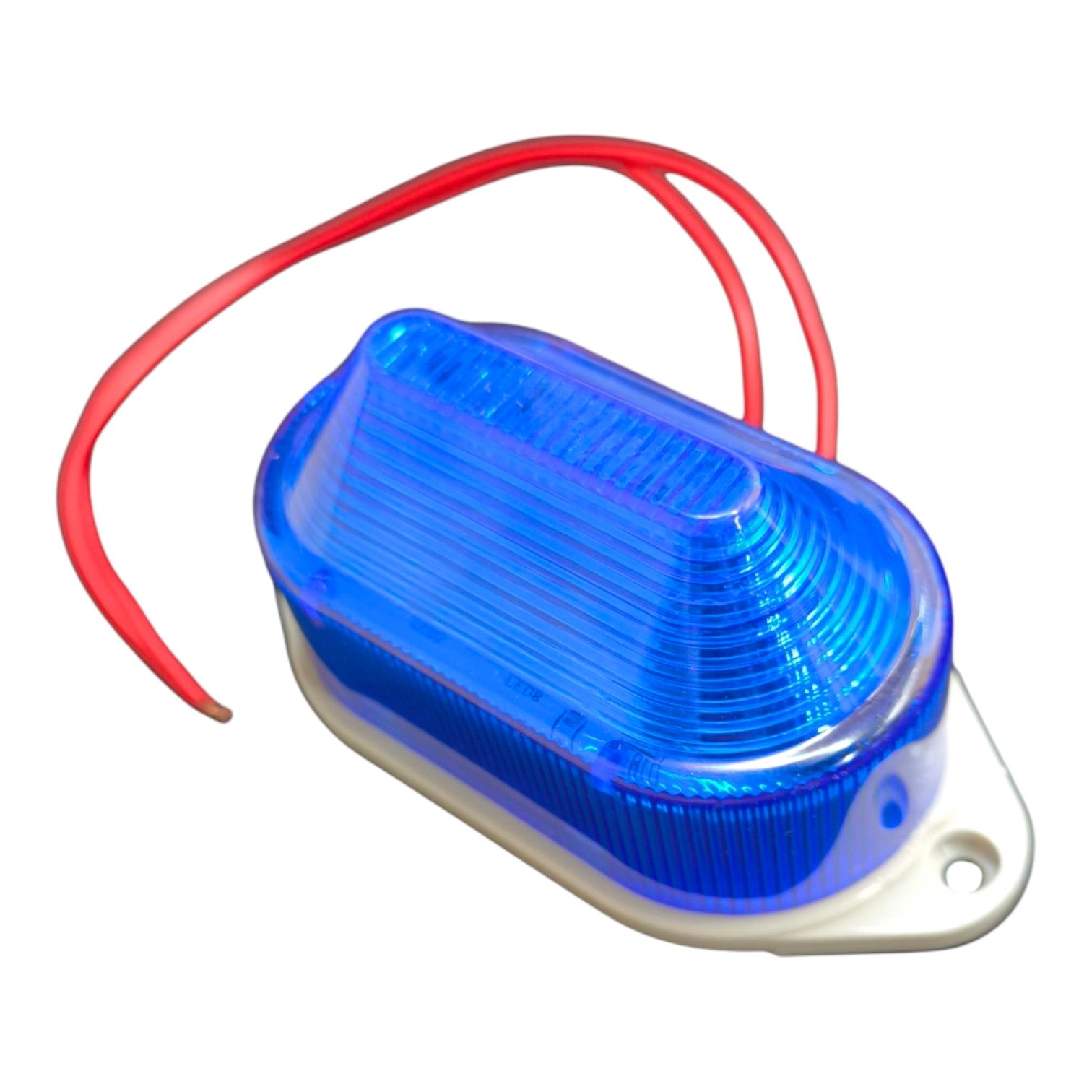 Blue LED warning light with red wire on a white background