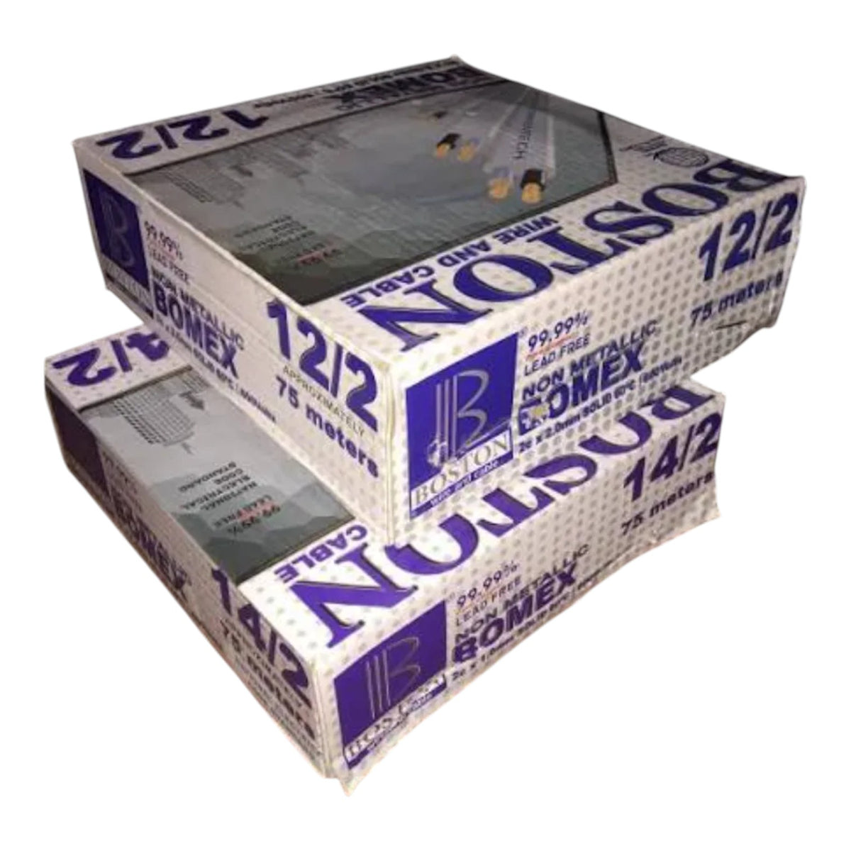 Two stacked boxes of Boston Electric Wire and Cable 12/2 NMFA Free Comex 75 grams, shown on a plain white background.