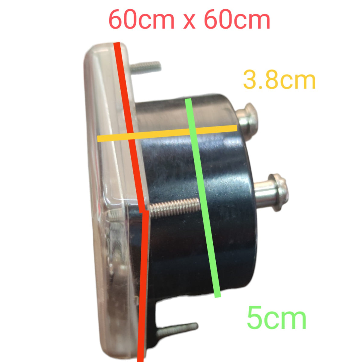 A small cylindrical product with a clear outer cover and dark body, shown with overlaid measurement lines and text indicating dimensions: 60cm x 60cm, 3.8cm, and 5cm on a plain white background.