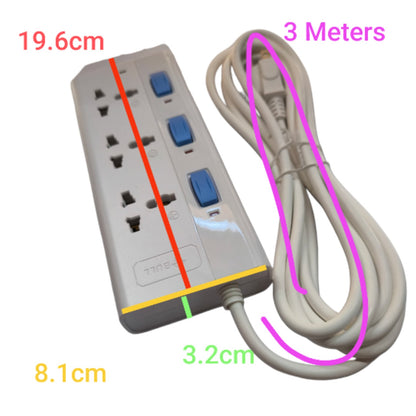 A multi-outlet power strip with a coiled power cord on a white background, annotated with dimensions: 19.6cm, 8.