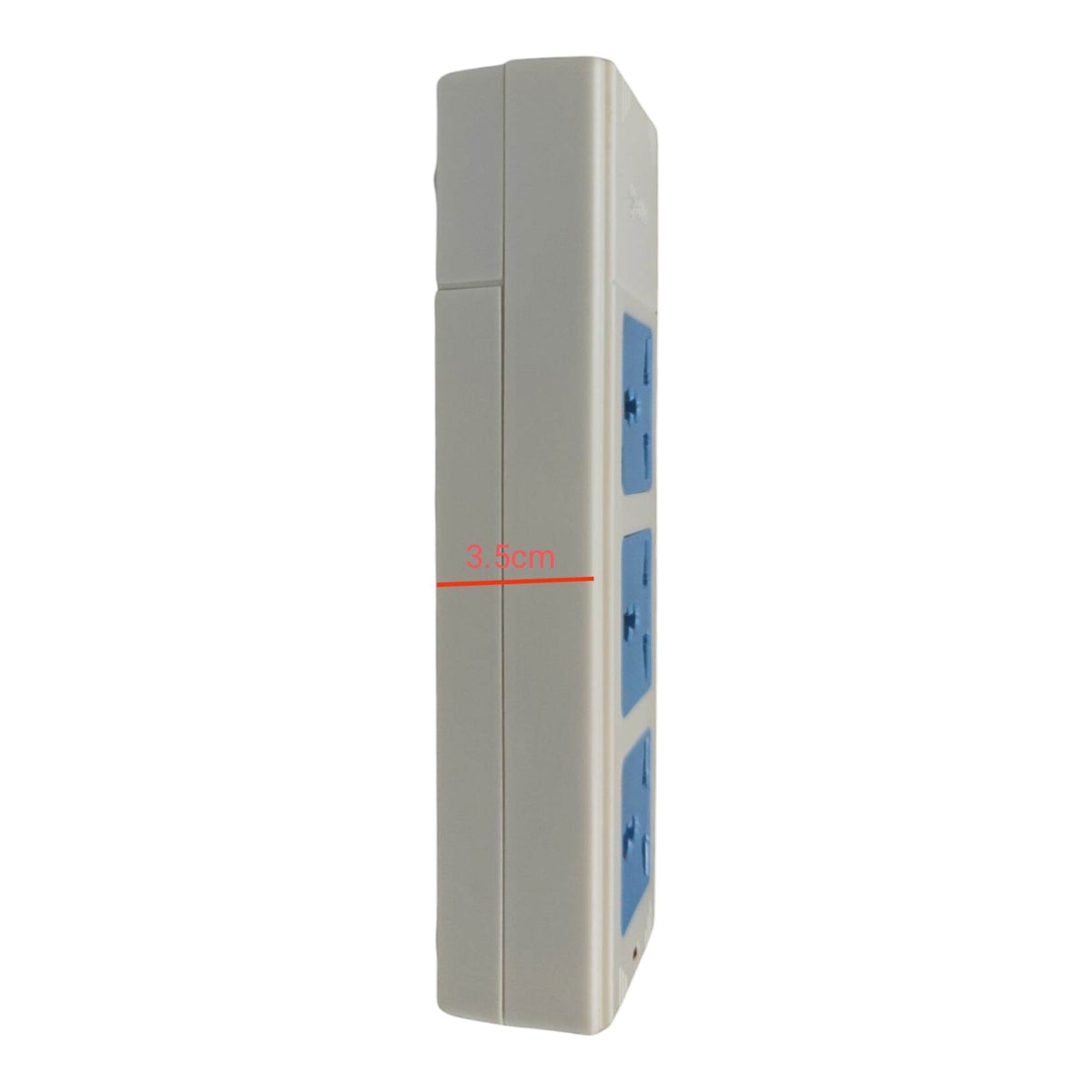 A tall, slim wall-mounted power strip with a light gray body and blue outlets, shown on a plain white background with a red measurement overlay reading 5.5cm.