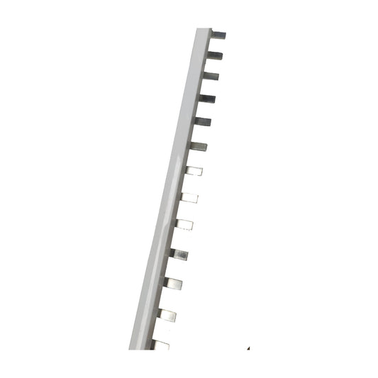 A long, narrow silver metal strip with repeated small rectangular tabs or clips along one side, shown diagonally on a plain white background.