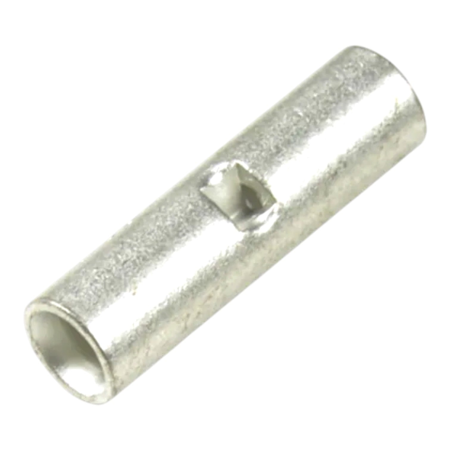 A silver metal cylindrical connector with a square-shaped slot cutout on its side, isolated on a white background.