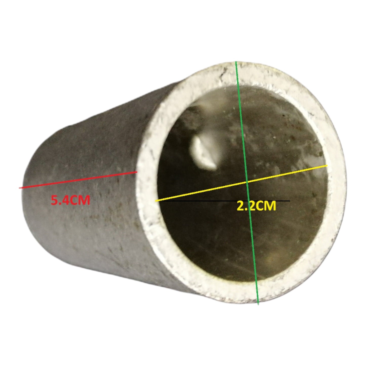 A metal pipe or tube shown on a white background with overlaid dimension lines and text indicating 5.4 cm length and 2.