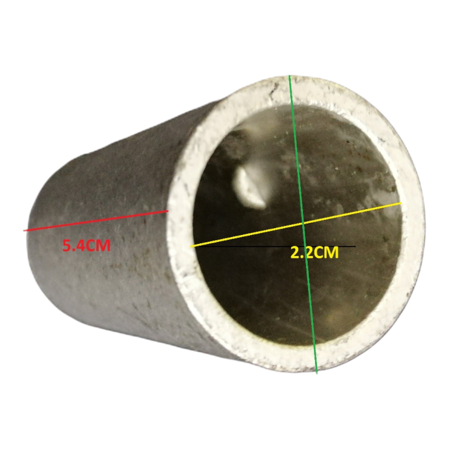 A metal pipe or tube shown on a white background with overlaid dimension lines and text indicating 5.4 cm length and 2.