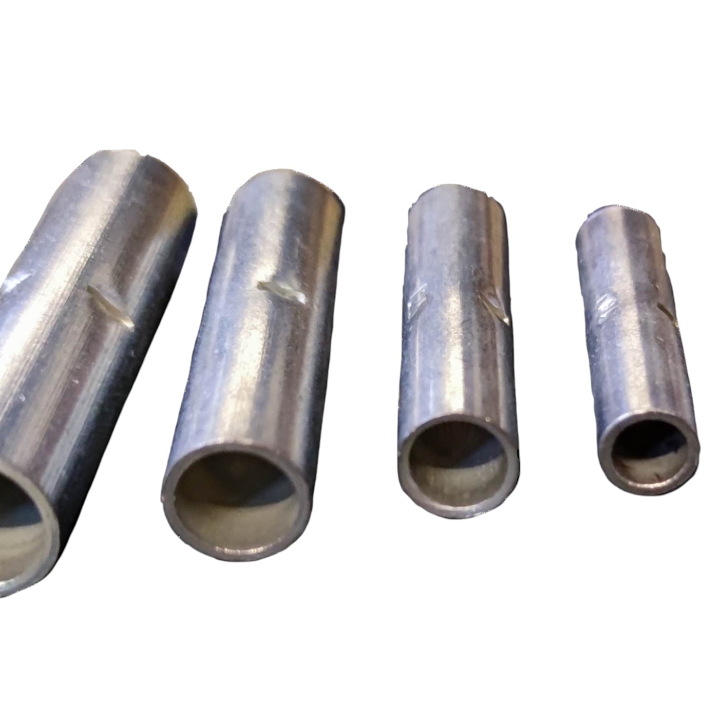 Four metallic cylindrical sleeves or couplers in varying sizes, arranged horizontally on a plain white background.