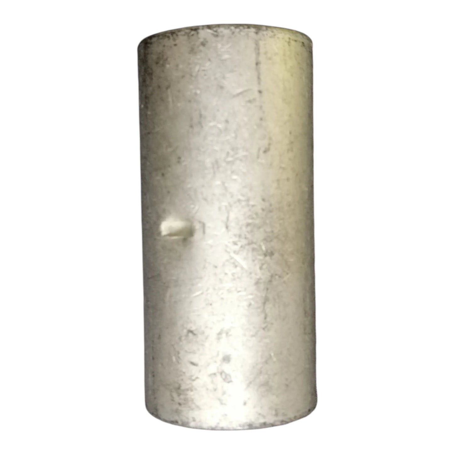A cylindrical metal sleeve or bushing with a brushed silver finish and a small protruding hole on the side, isolated on a white background.