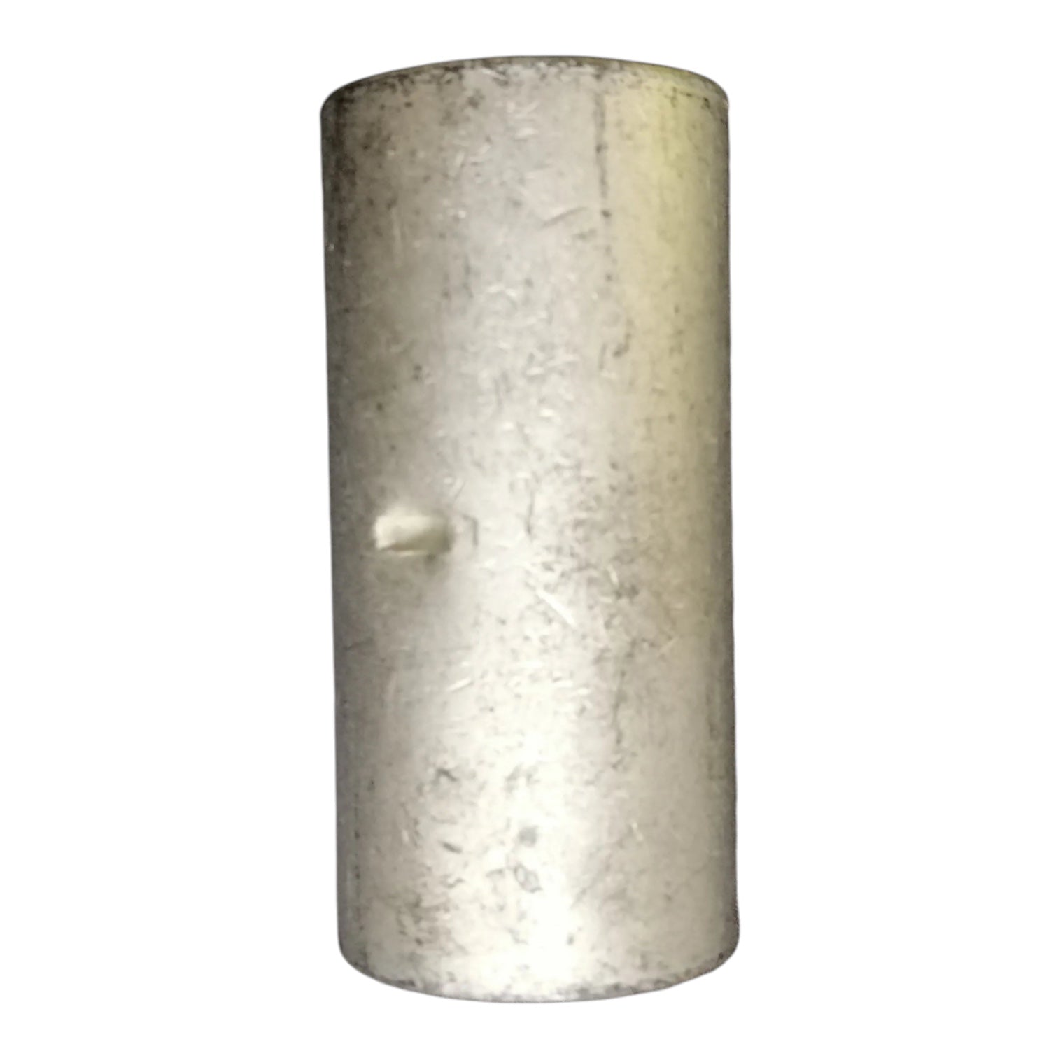 A cylindrical metal sleeve or bushing with a brushed silver finish and a small protruding hole on the side, isolated on a white background.