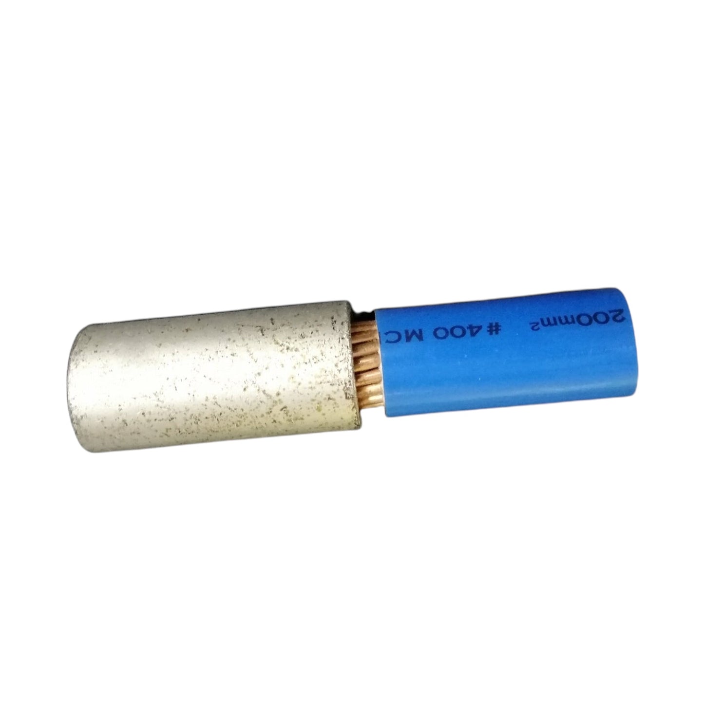 An industrial electrical cable connector showing a cut end with a textured silver metal sleeve, exposed copper-colored inner wires, and a blue outer jacket printed with '200mm2 #400 MC'.