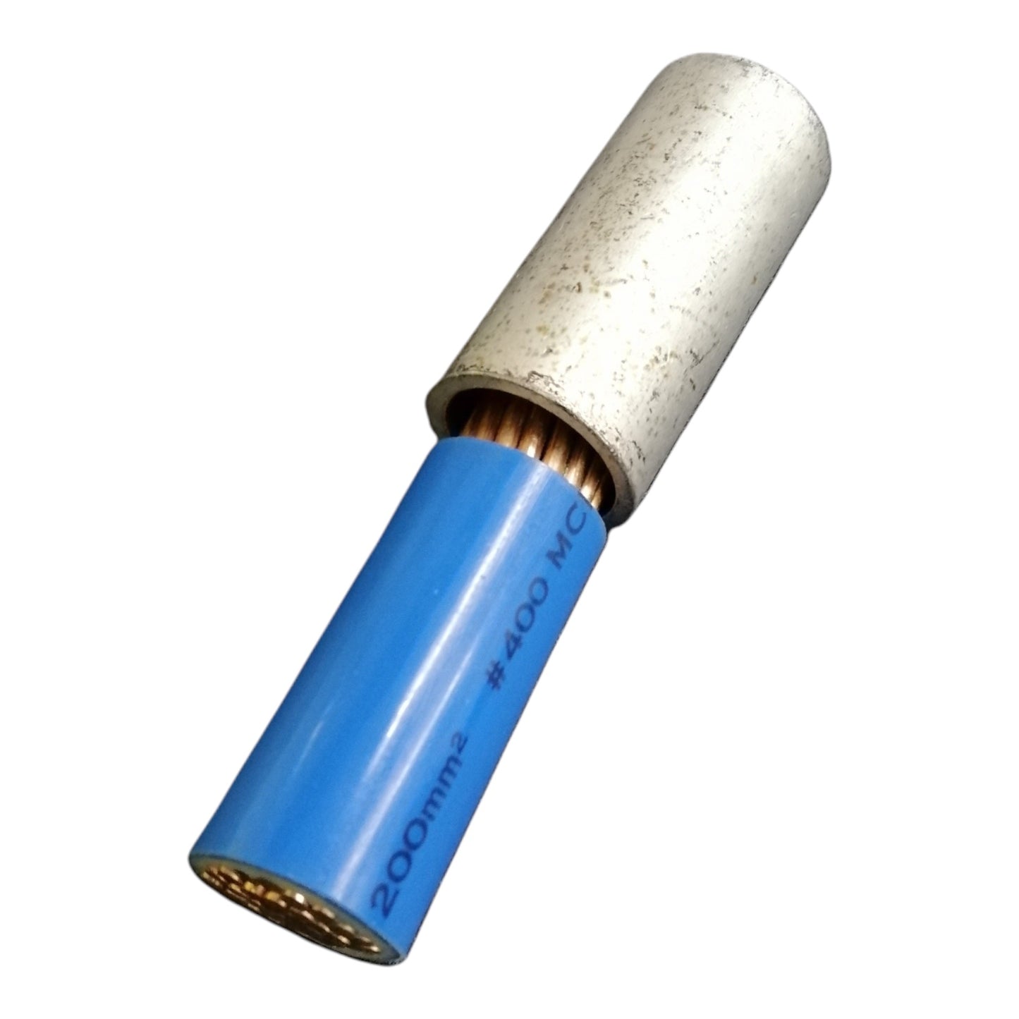 A single blue electrical cable with a silver metal sheath and exposed copper wires, shown on a plain white background.