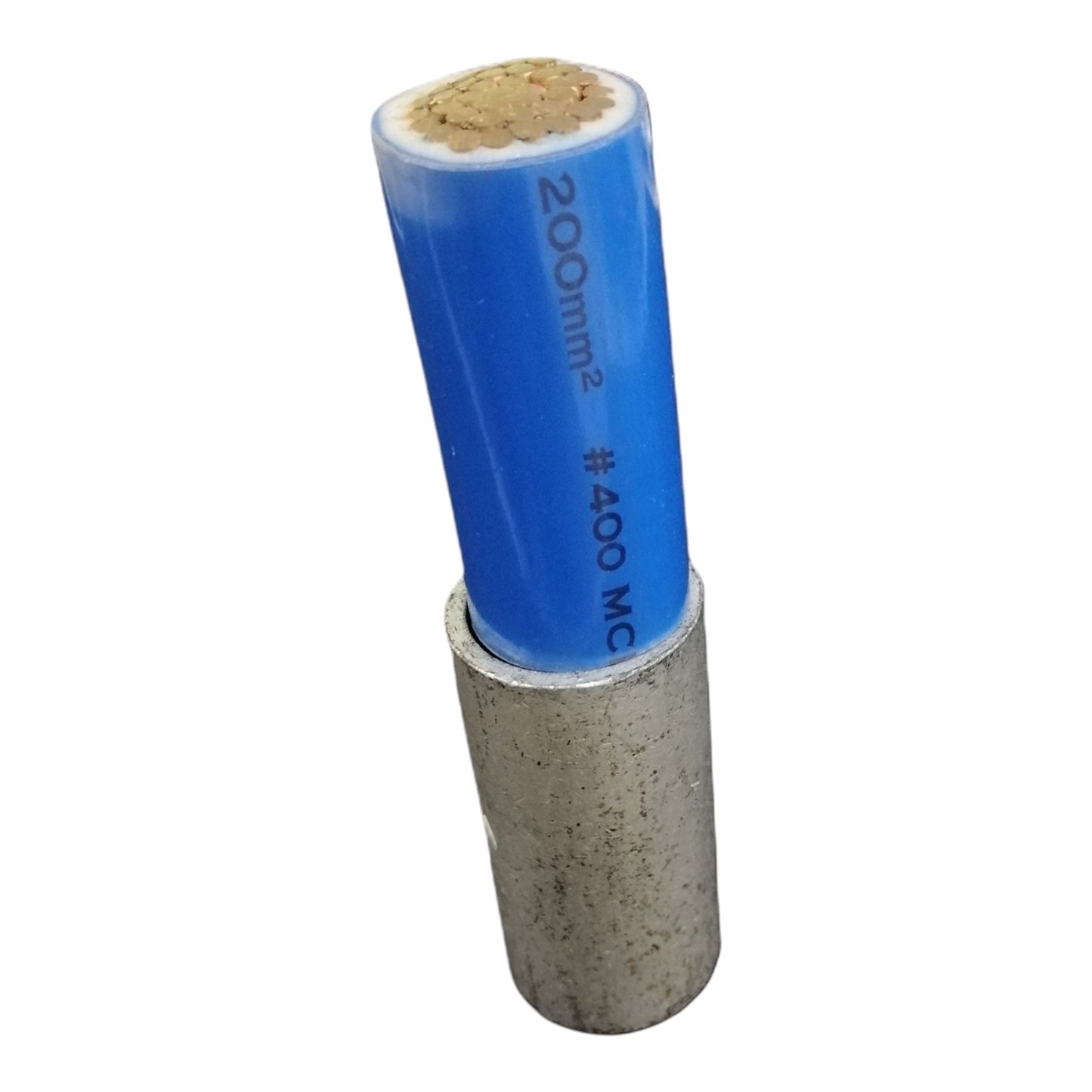 A single industrial cable or wire rod section with a blue outer jacket, exposed tan inner strands at the top, and a metallic silver-gray core, shown on a plain white background.