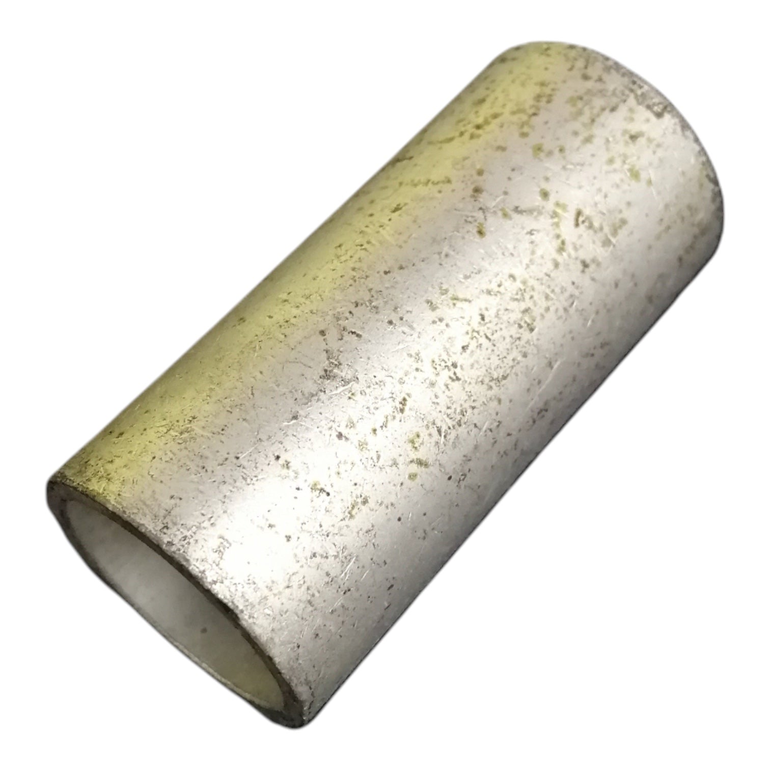 A cylindrical metal sleeve or tube with a textured, scratched silver surface and a yellowish tint on one side, isolated on a white background.