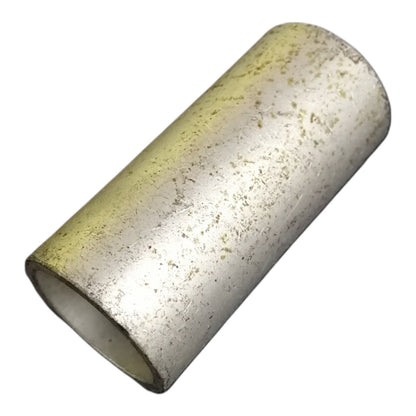 A cylindrical metal sleeve or tube with a textured, scratched silver surface and a yellowish tint on one side, isolated on a white background.