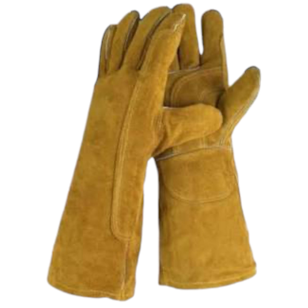 A pair of long leather work gloves in a warm mustard-yellow or ochre color, shown against a plain white background.