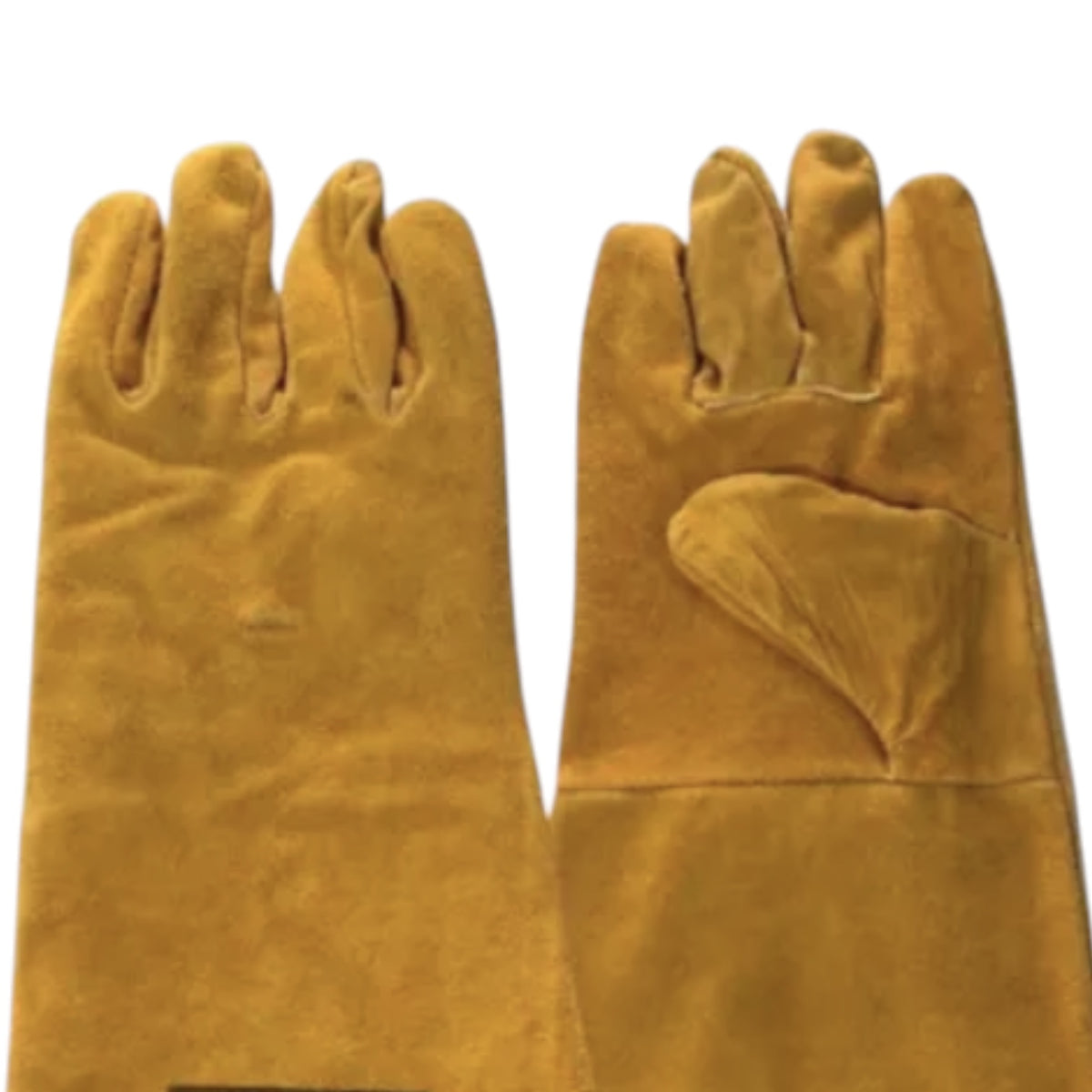 A pair of long, thick leather work gloves in a warm mustard-yellow or ochre color, shown against a plain white background.