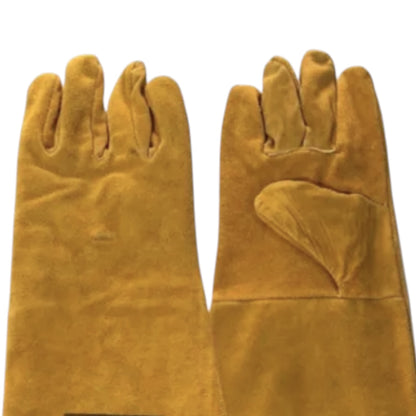 A pair of long, thick leather work gloves in a warm mustard-yellow or ochre color, shown against a plain white background.