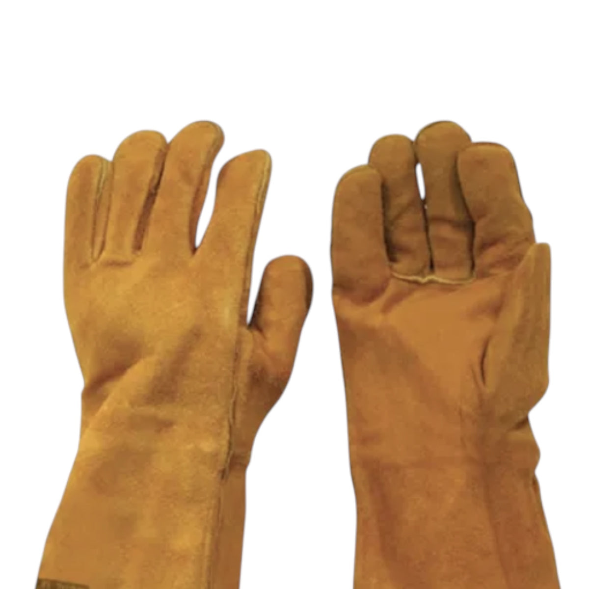 A pair of tan leather protective work gloves shown against a plain white background, with one glove showing the back of the hand and the other showing the palm side.