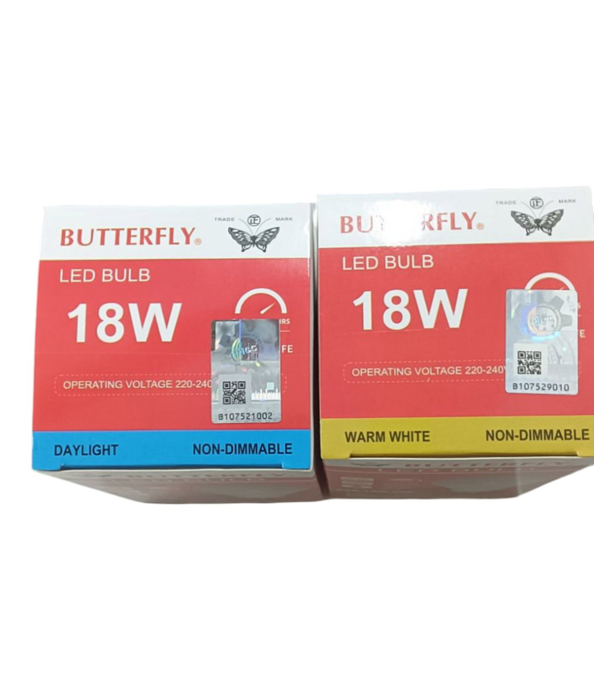 Butterfly 18W LED bulb E27 boxes in daylight and warm white non-dimmable versions