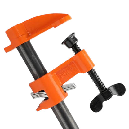 An orange and black pipe clamp with a wing nut, shown on a plain white background.
