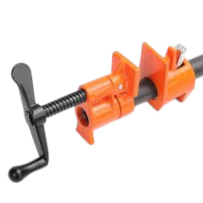 An orange and black pipe clamp with a T-handle, shown against a plain white background.