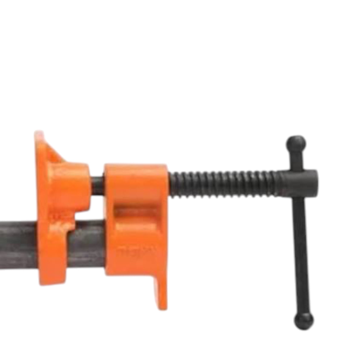 An orange and black pipe clamp with a T-handle, shown in a close-up side view against a white background.