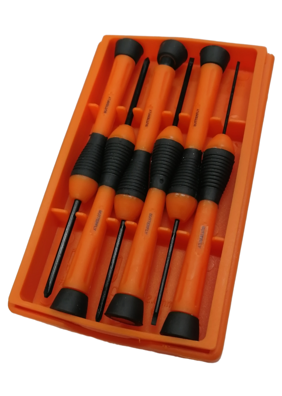 Butterfly 6 Piece Precision Screw Driver Set in an orange storage tray for easy organization