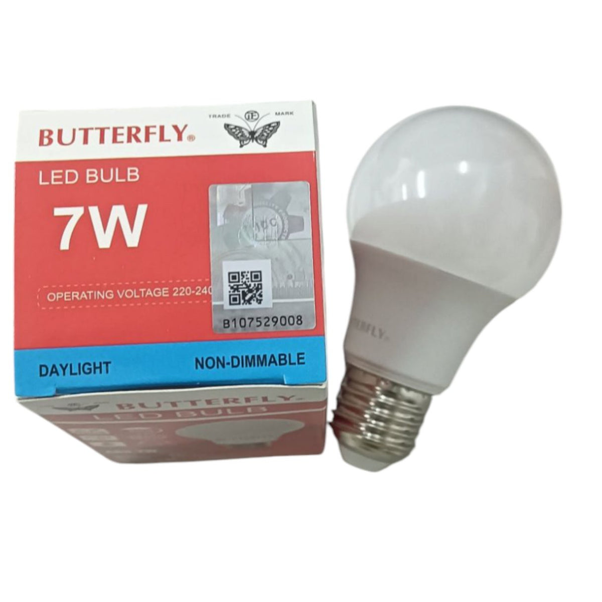 Butterfly 7W LED bulb daylight E27 with box showing non-dimmable feature and operating voltage