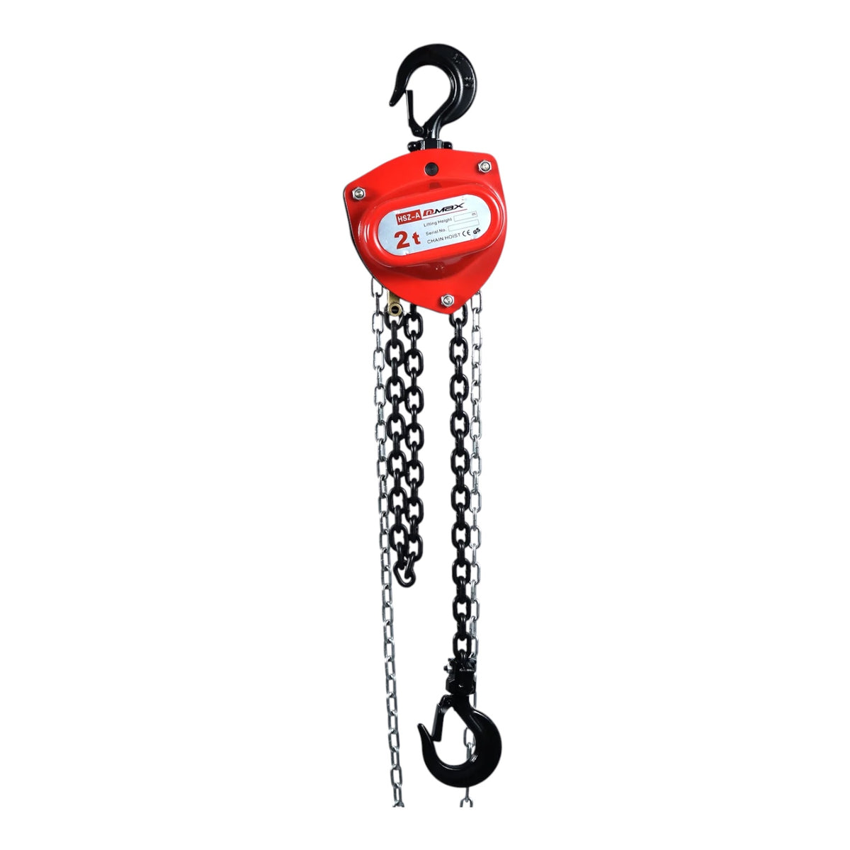 A red and black manual chain hoist with a 2-ton capacity label, featuring a black hook at the top and a black hook with chain at the bottom, shown against a plain white background.
