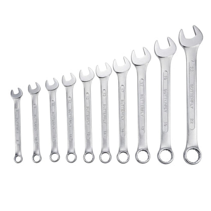 A set of 10 silver metal combination wrenches in ascending size order, arranged diagonally on a plain white background. Each wrench has a ring at both ends and is engraved with its size and 'BATTERY' specification.