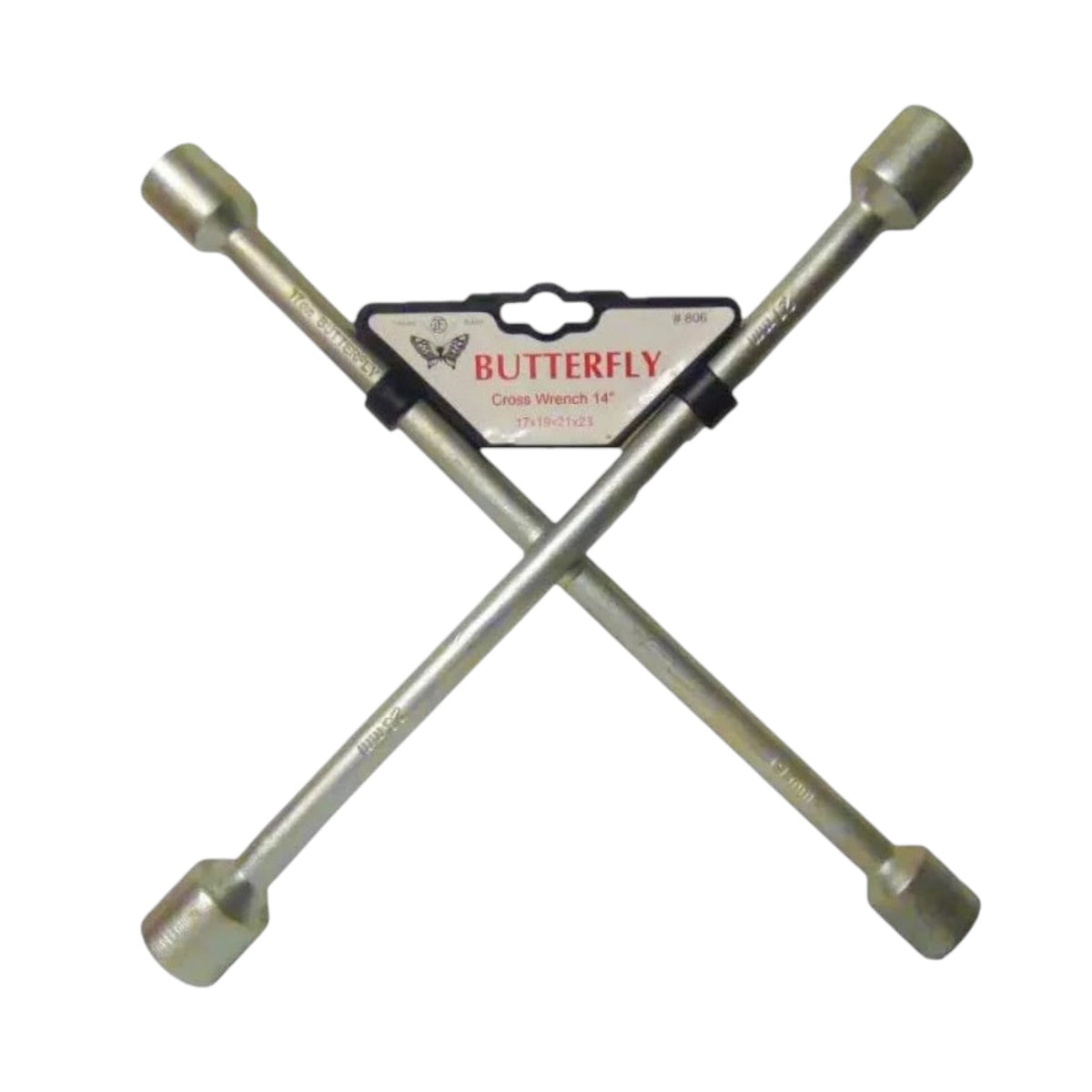 Two metallic cross wrenches crossed over each other with a cardboard butterfly-branded retail hanger in the center, shown on a plain white background.
