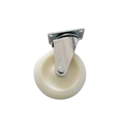 A single industrial swivel caster wheel with a cream-colored plastic wheel and a silver metal mounting bracket, isolated on a white background.