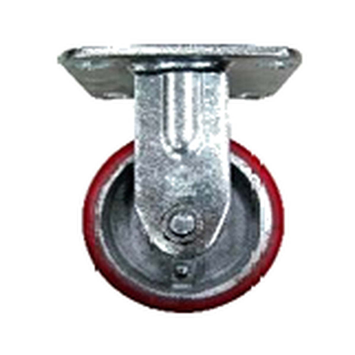 A heavy-duty industrial caster wheel with a galvanized steel mounting plate and hub, featuring a red rubber tire.