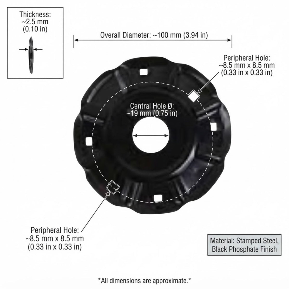 Technical dimension diagram of a black stamped steel circular component with scalloped edges, showing overall diameter, central hole, and peripheral hole measurements with labels on a white background.