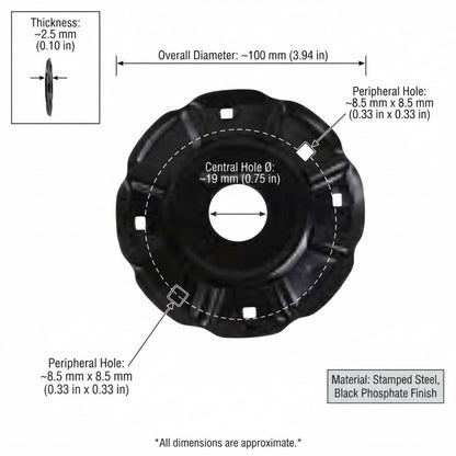 Technical dimension diagram of a black stamped steel circular component with scalloped edges, showing overall diameter, central hole, and peripheral hole measurements with labels on a white background.