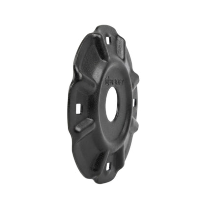 A black cast iron weight plate bumper plate with a central hole and four mounting holes, featuring the 'BATTERY' brand logo embossed on the side, set against a plain white background.