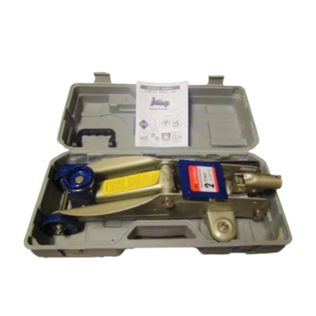 A floor jack with a blue and yellow label, displayed inside its gray plastic carrying case with an instruction booklet, on a white background.