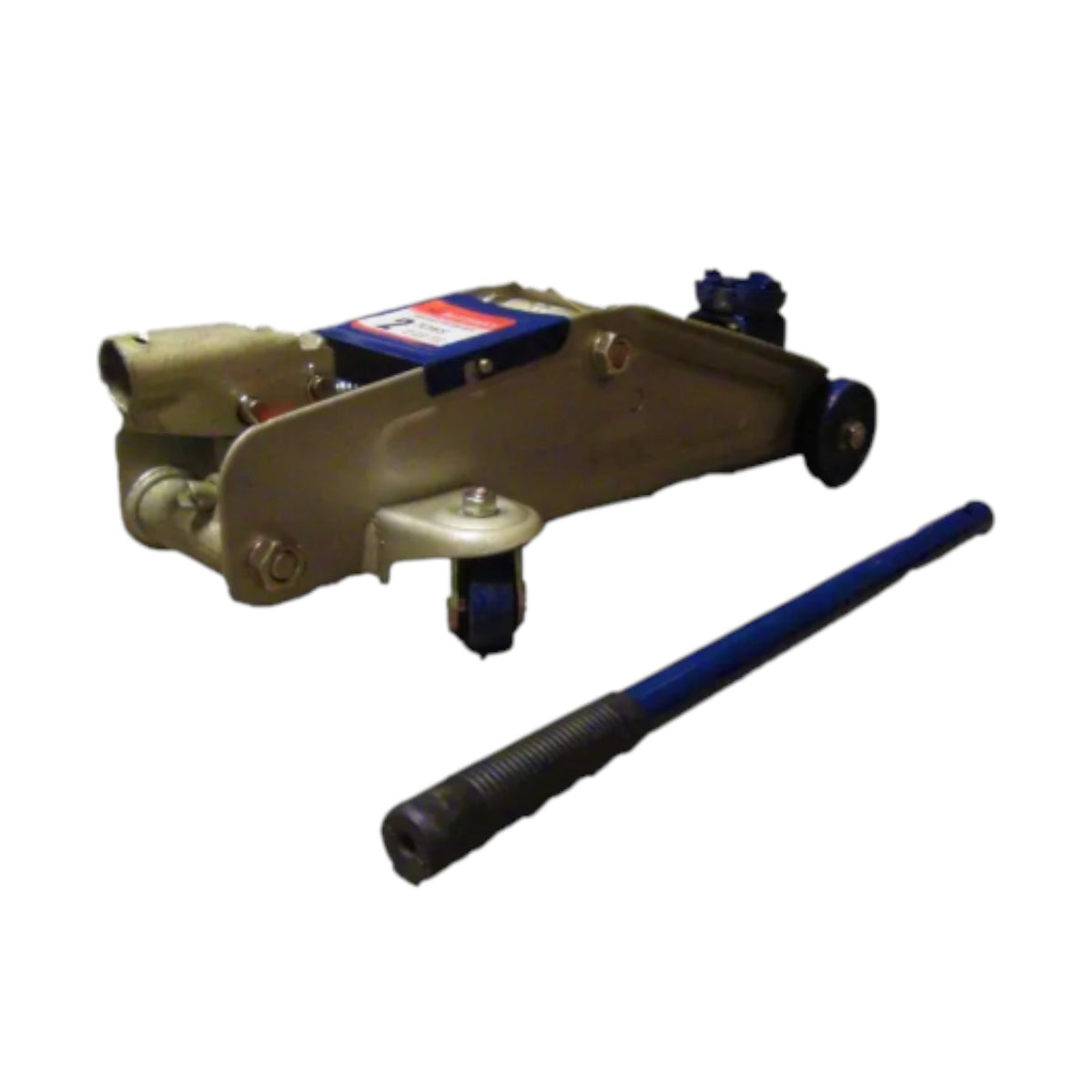 A hydraulic floor jack with a beige metal body, blue and red label, and a separate blue handle, isolated on a white background.